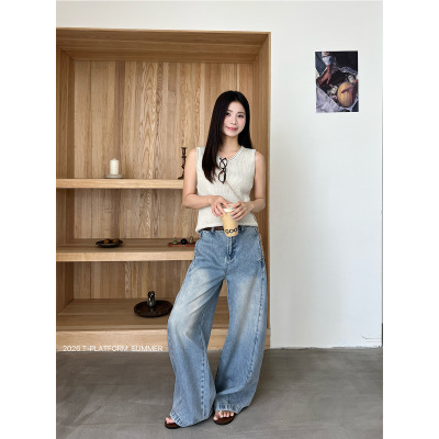 弯刀裤水洗质感牛仔裤阔腿长裤