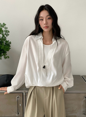 FONE假两件港味通勤百搭POLO领短款2026春季新款港风长袖衬衫女潮