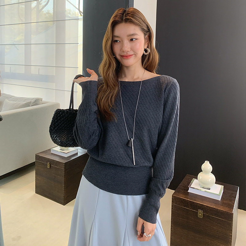 FONE 韩系一字领针织衫女春季新款收腰修身显瘦羊毛打底简约上衣