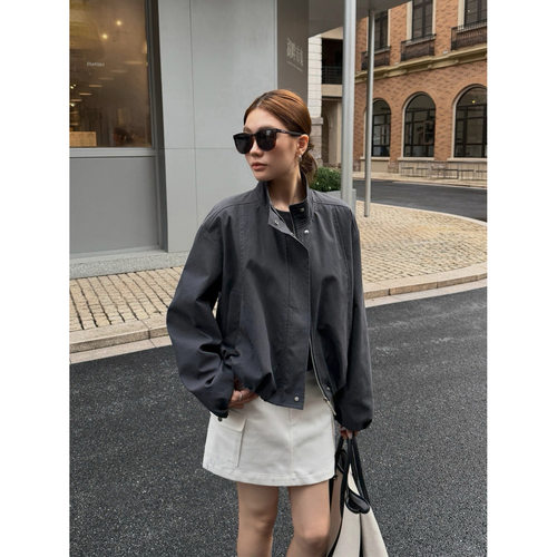 韩迅 都市轻机能夹克女 2026秋棉混纺花苞下摆宽松立领外套27433
