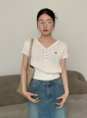 MOXI 2026春季韩系撞色纽扣针织衫短袖T恤女V领正肩简约修身上衣