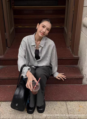 TTOO VOUIS春季新款宽松衬衣罩杯吊带背心格子衬衫港风两件套装女