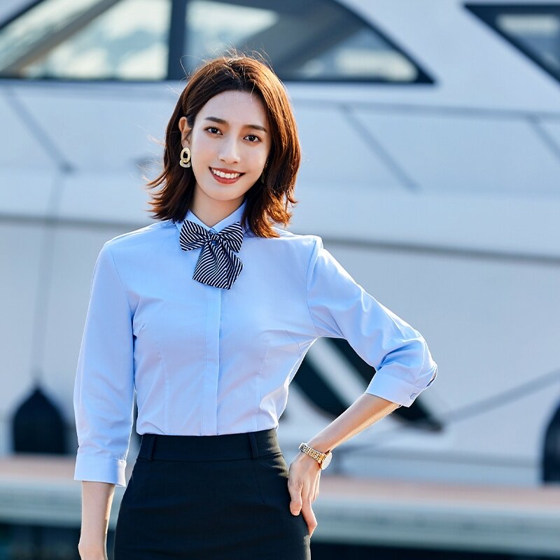 新款2021职业装衬衫女7分袖正装纯色修身显瘦商务OL衬衣上衣
