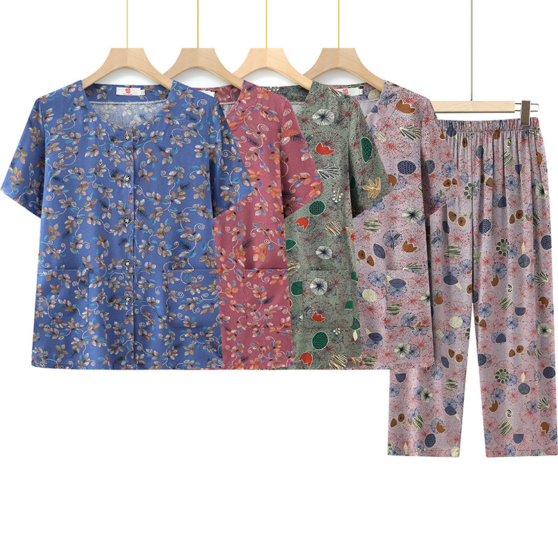 中老年人夏装套装女妈妈短袖棉绸开衫老人衣服奶奶老太太两件套装