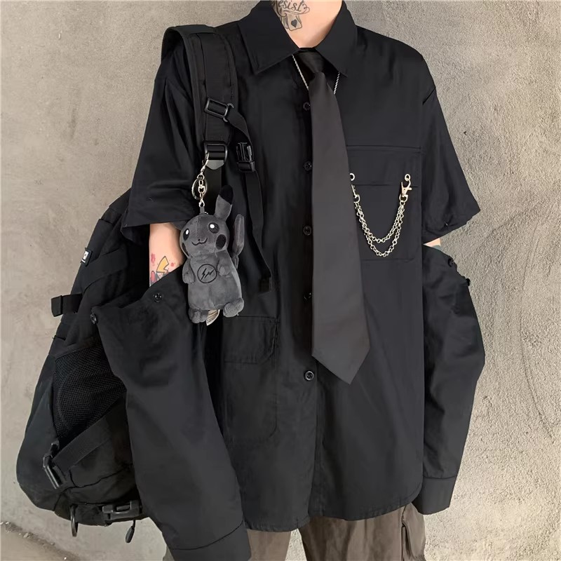 黑系拼接工装可拆袖男女衬衫