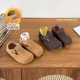 女童勃肯鞋秋冬韩版儿童皮鞋真皮豆豆鞋男童软底加绒保暖棉鞋宝宝