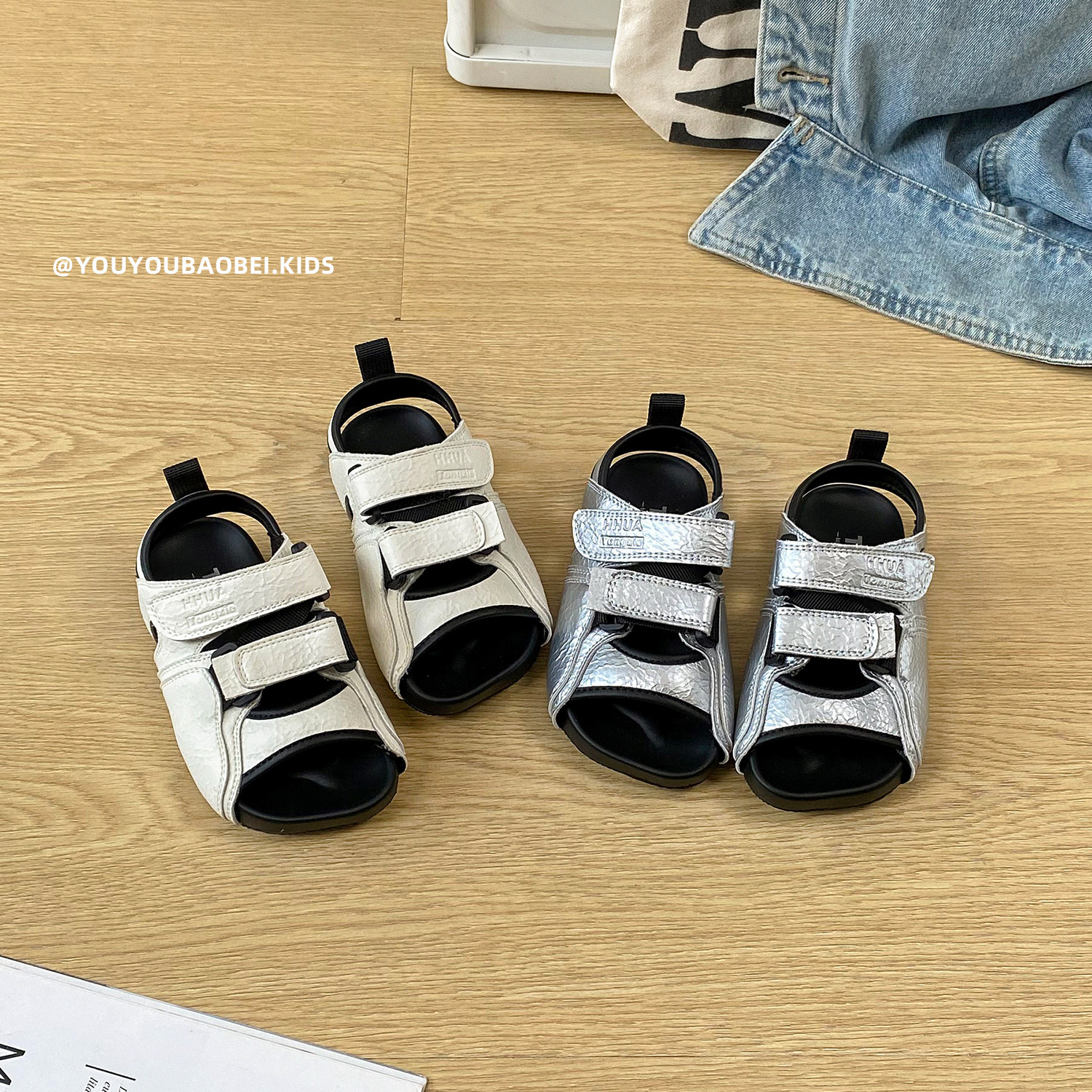 韩版女童凉鞋黑白色露趾沙滩鞋洋气夏季男童休闲中大童罗马儿童鞋