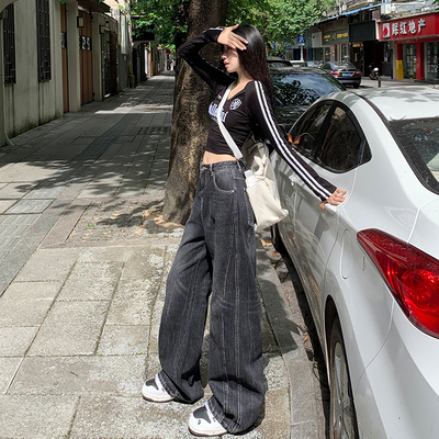 美式复古做旧直筒牛仔裤女小众秋季黑色宽松拖地阔腿长裤子