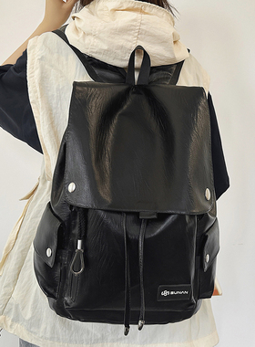 男士双肩包ins潮牌休闲PU背包大容量旅行包男款高中生大学生书包