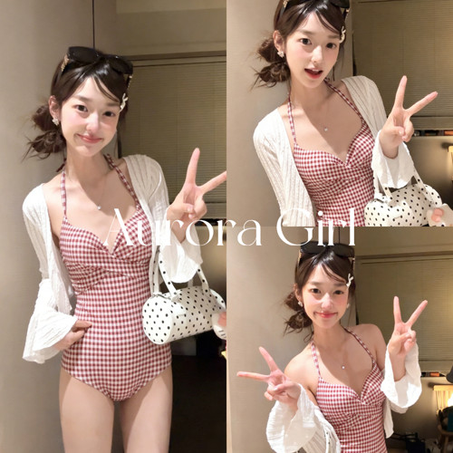 樱桃格纹挂脖聚拢温泉连体泳衣