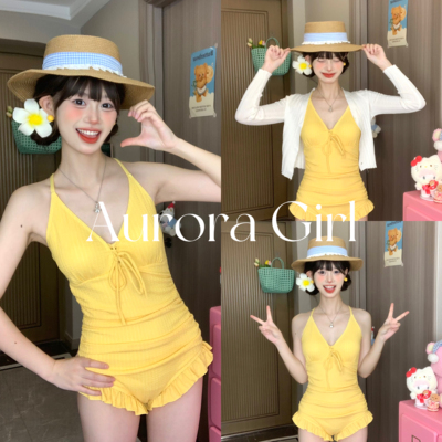 甜美小清新荷叶边连体遮肉泳衣