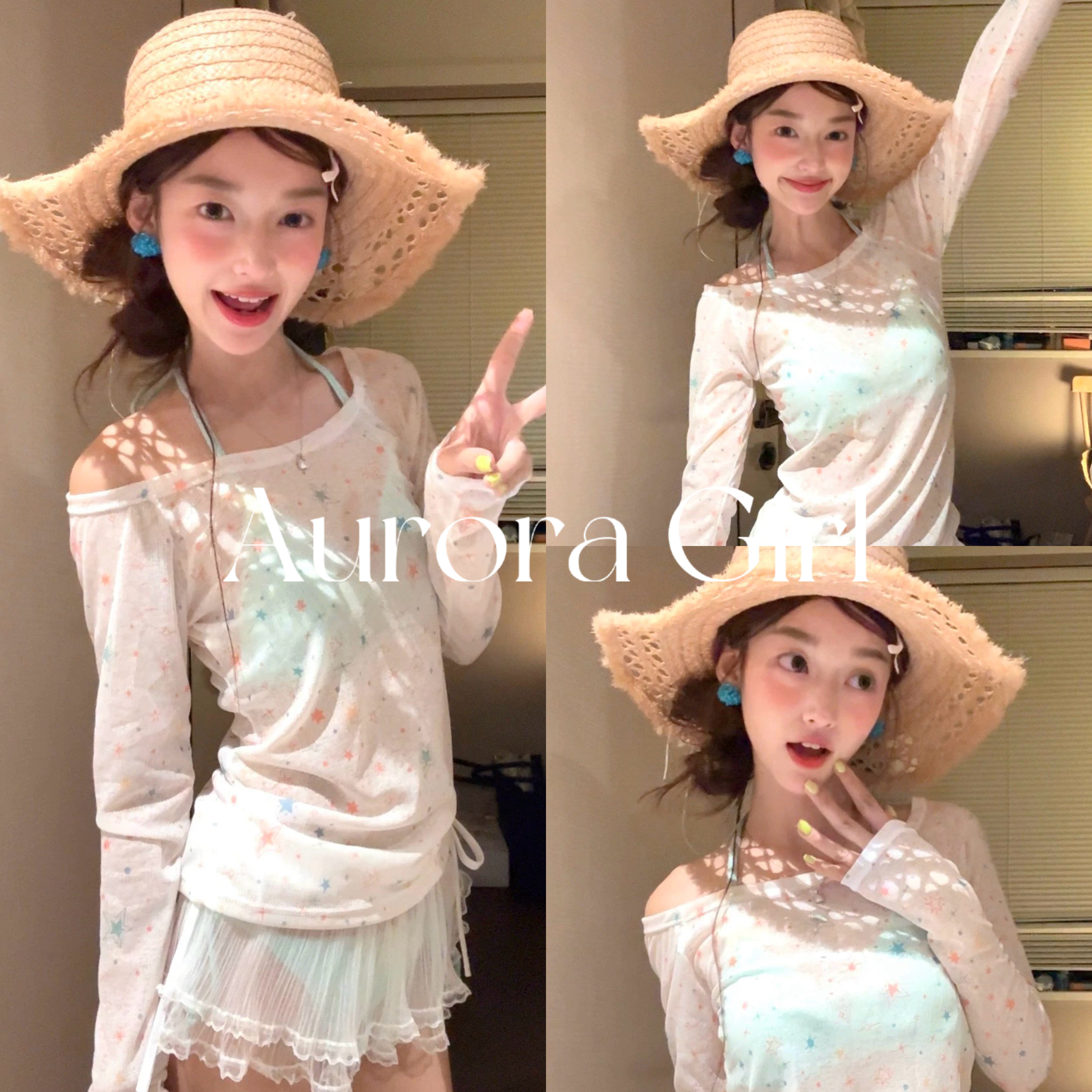 泰国星星印花休闲薄款罩衫女夏季比基尼泳衣蕾丝屁帘套装玩水