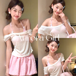 『Aurora Girl 』韩版少女格子粉色分体泳衣女泡泡裙短袖保守学生