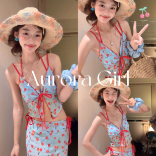 『Aurora Girl 』泰国少女樱桃吊带四件套保守比基尼小清新泳衣