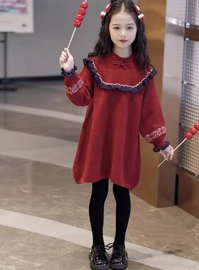 女童红色国风毛衣裙2025秋冬新款时尚洋气百搭女童过年百搭毛衣