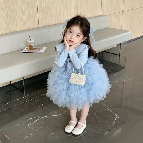 女童套装2026春秋季新款儿童蓝色翻领打底好看超仙网纱tutu背心裙