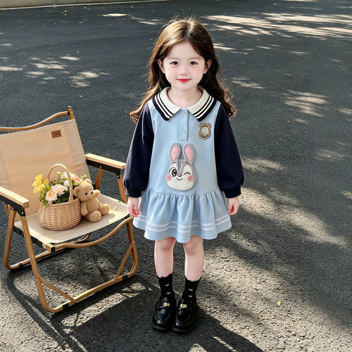 女童学院风连衣裙2026秋季新款兔子拼色卫衣裙宝宝可爱长袖公主裙