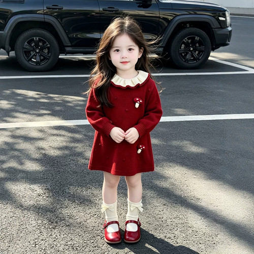 女童连衣裙2026秋冬新款儿童可爱蘑菇毛衣裙宝宝荷叶领撞色毛线裙