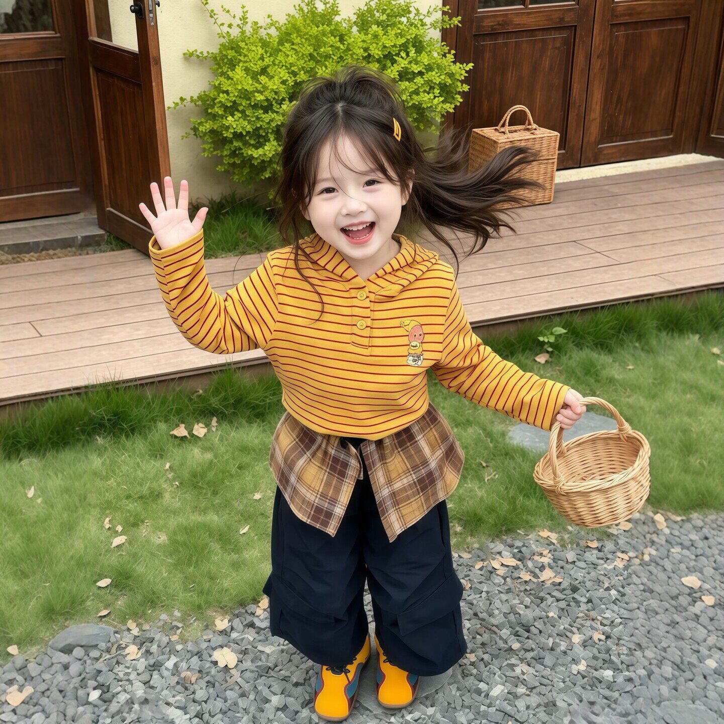 女童时髦套装2026秋季新款儿童条纹连帽上衣女宝宝格子屁帘阔腿裤