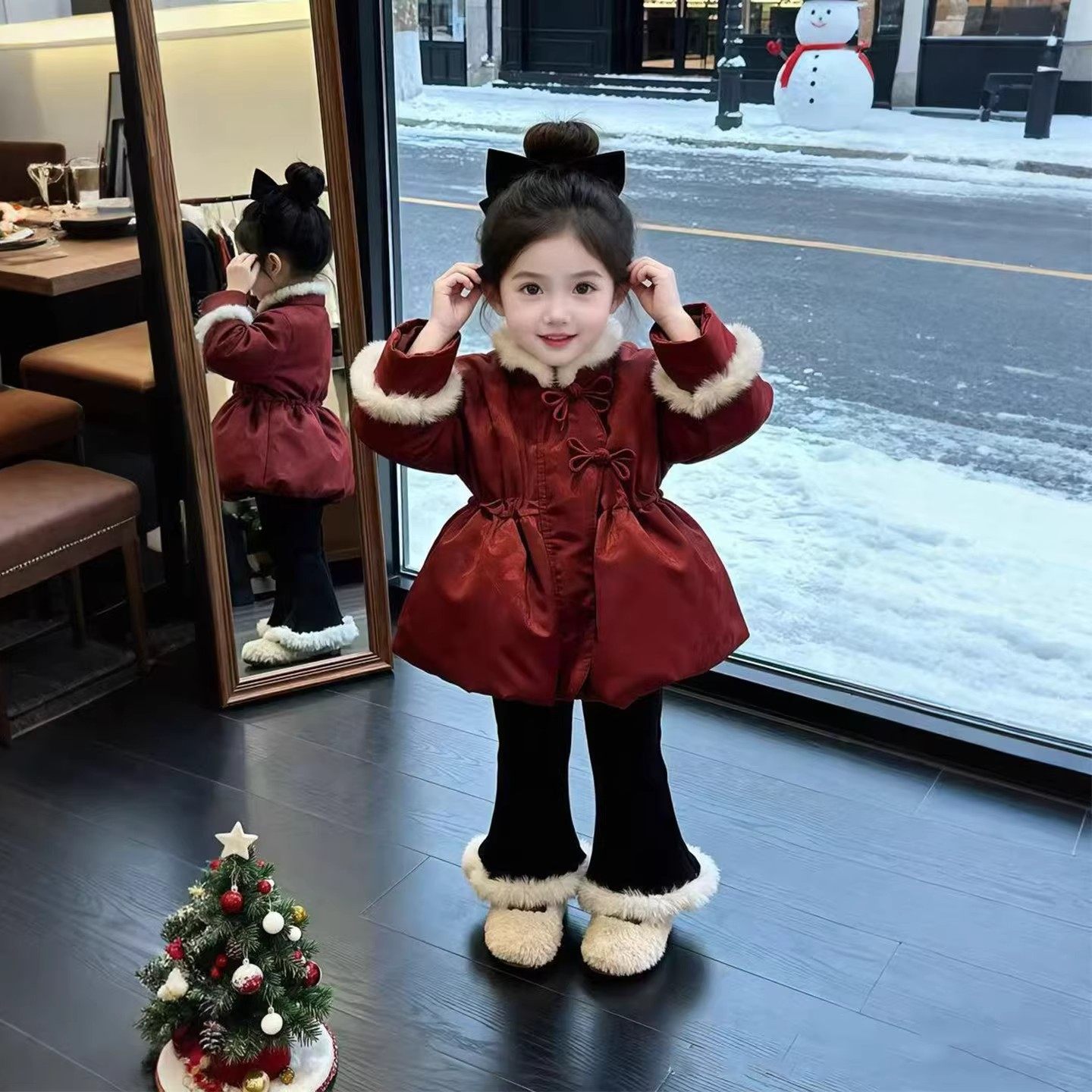 女童冬装加厚拜年服套装2025冬季新款儿童中式保暖棉衣加绒喇叭裤