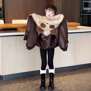 女童秋冬加绒外套2025秋冬季 儿童小熊皮衣毛毛衣俩面穿上衣潮 新款