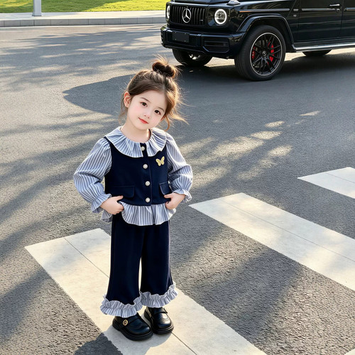 女童学院风套装2026秋季新款儿童条纹衬衫上衣宝宝时髦花边阔腿裤