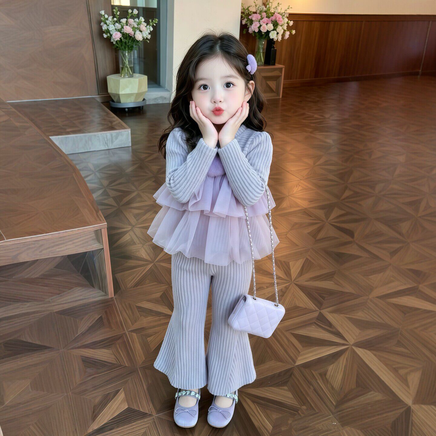 女童甜美风套装2026春秋装儿童洋气拼纱长袖上衣宝宝喇叭裤两件套