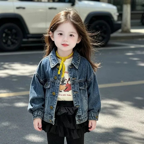 女童牛仔外套2026春秋季新款儿童韩版蓝色上衣女宝宝洋气翻领外衣