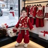 女童冬装 两件套 蝴蝶结刺绣上衣保暖休闲裤 加厚拜年服套装 2025冬季