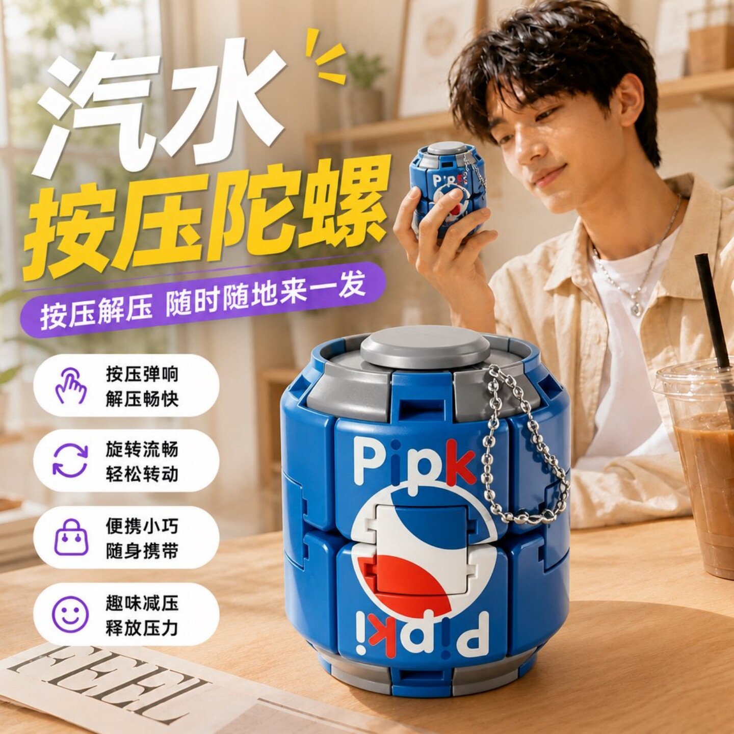 可乐汽水按压陀螺旋转球解压玩具