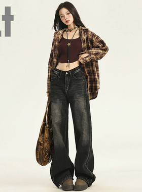 i.t:CHOCOOLATE磨白抓痕牛仔裤女夏季新款美式设计感黑色直筒长裤