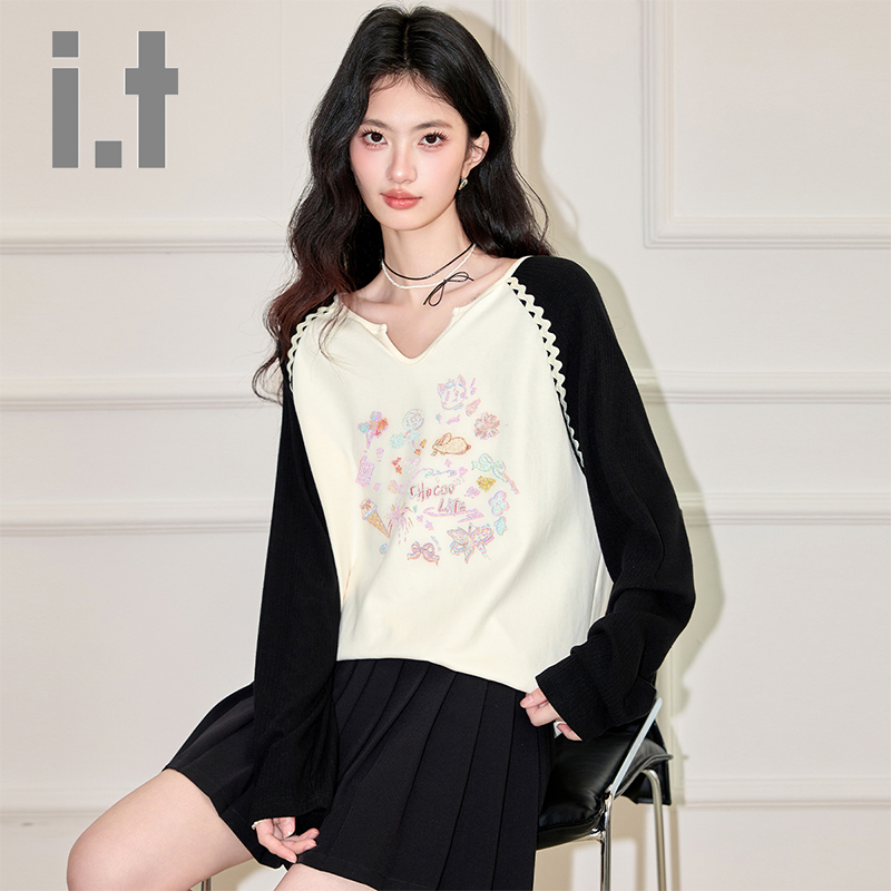 春秋季拼接撞色卡通涂鸦长袖上衣