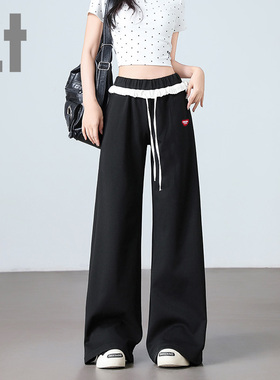 it:CHOCOOLATE 美式黑色休闲裤女夏季新款花边拼接阔腿高腰运动裤