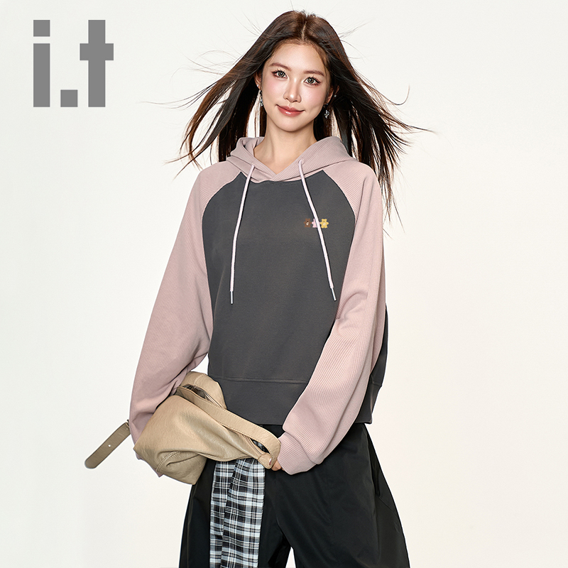 春秋时尚撞色拼接连帽长袖卫衣