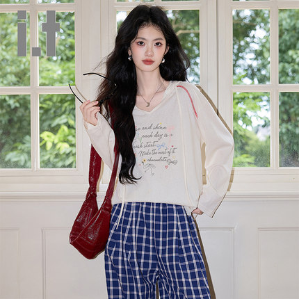 it:CHOCOOLATE秋印花简约百搭连帽长袖T恤宽松通勤上衣女潮流套头