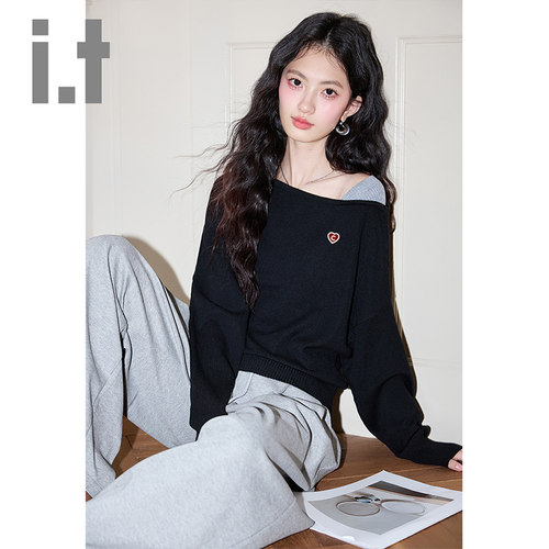 it:CHOCOOLATE2025年春秋新款纯色长袖T恤女百搭显瘦韩系斜领上衣