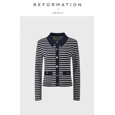 【现货】About Reformation撞色条纹修身显瘦短款翻领针织衫外套