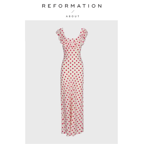 【现货】About Reformation连衣裙易梦玲红色波点荷叶边一字领