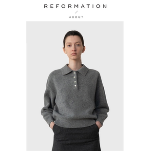 Reformation毛衣女纯色套头韩系polo领纽扣羊毛衫 About 现货