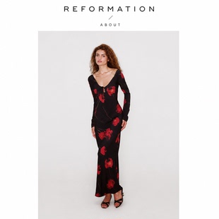 【现货】About Reformation法式连衣裙黑碎花长袖斜裁玫瑰连衣裙