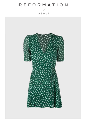 【现货】About Reformation古力娜扎同款碎花V领绿色连衣裙茶歇裙