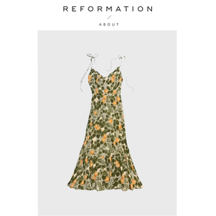 【现货】About Reformation法式复古碎花荷叶边领吊带修身连衣裙
