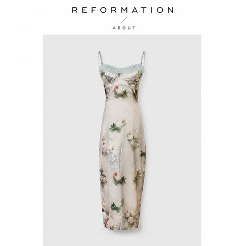 【现货】About Reformation蕾丝复古吊带裙收腰修身开衩连衣裙女