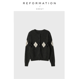 Reformation韩系小众毛衣复古菱形格纹开衫 About 小外套 现货