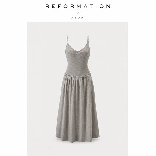 【现货】About Reformation法式女主角V领打揽格子吊带连衣裙