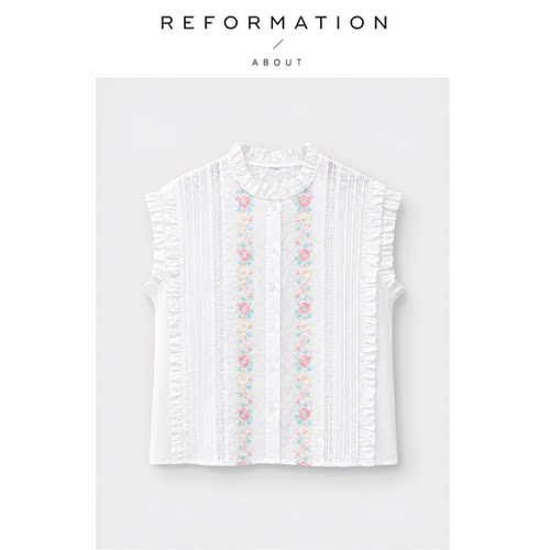 【现货】About Reformation粉绿花衬衫夏季甜美木耳边无袖上衣