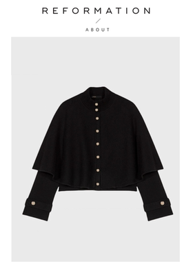 【现货】About Reformation黑羊毛披肩斗篷设计单排扣针织衫上衣