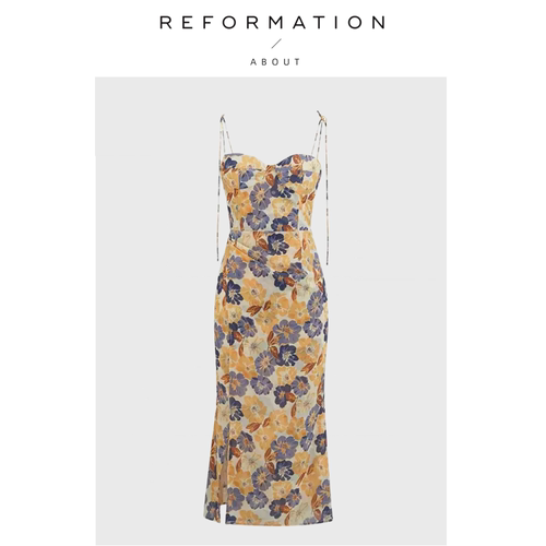 【现货】About Reformation法式碎花开叉露背连衣裙复古印花吊带