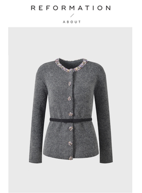 【现货】About Reformation法式重工彩钻灰色宽松针织衫上衣外套