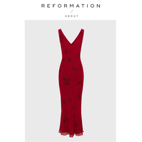 【现货】About Reformation钟楚曦复古红色吊带连衣裙V领包臀鱼尾